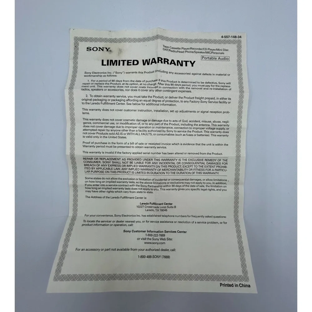 Sony Limited Warranty‎ Certificate for Portable Audio Devices 4-557-148-34